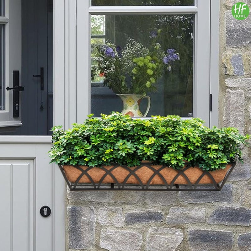 HFHOME 24 inch Window Deck Rail Planter Including Coco Liner, 24" Dia Window Box Horse Trough with Coconut Coir Liners, Black Metal Hanging Flower Planter Basket for Indoor Outdoor Lawn - Set of 2 - Image 2